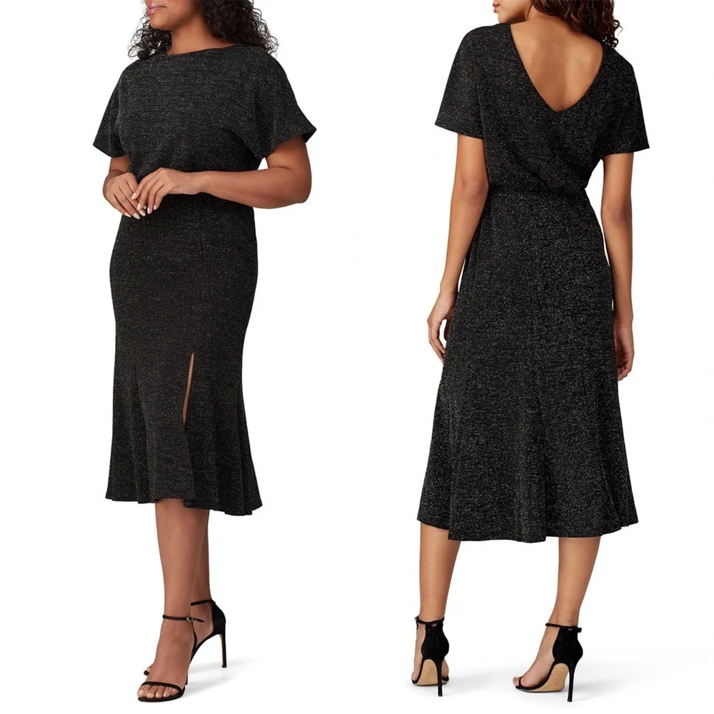 DONNA MORGAN‎ Metallic Sparkle Knit Short Sleeve V-Back Side Slit Midi Dress 8